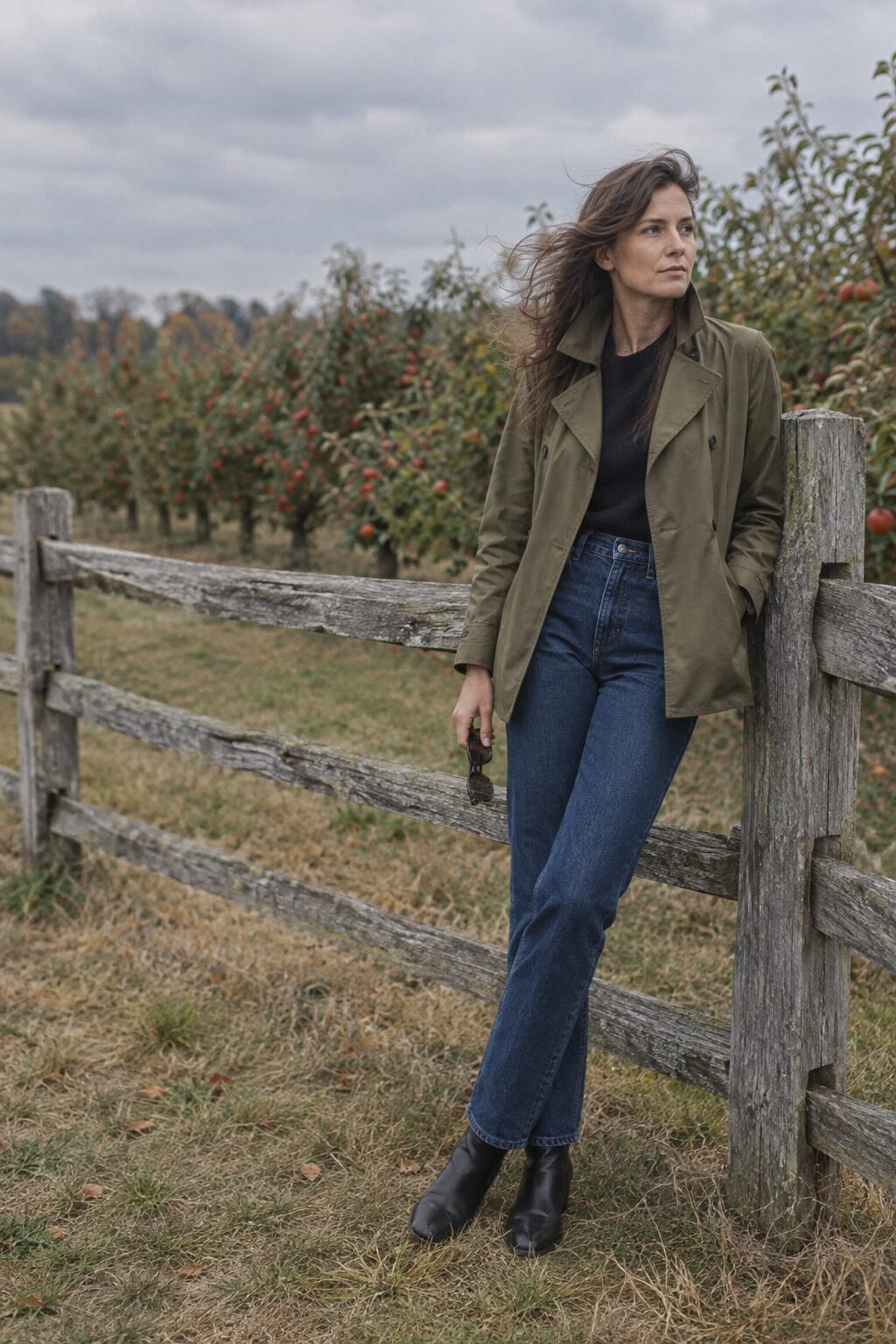 classy apple picking outfit: olive short trench coat, straight-leg jeans and black leather ankle boots