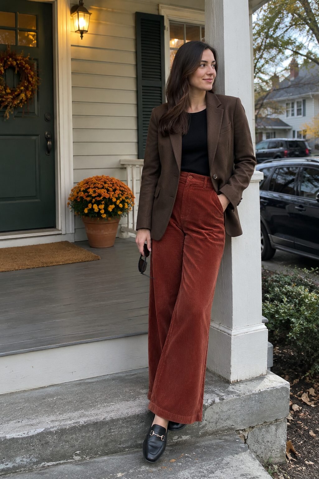 how to style corduroy pants with a brown tailored blazer, brick red wide-leg corduroy pants and black mule loafers