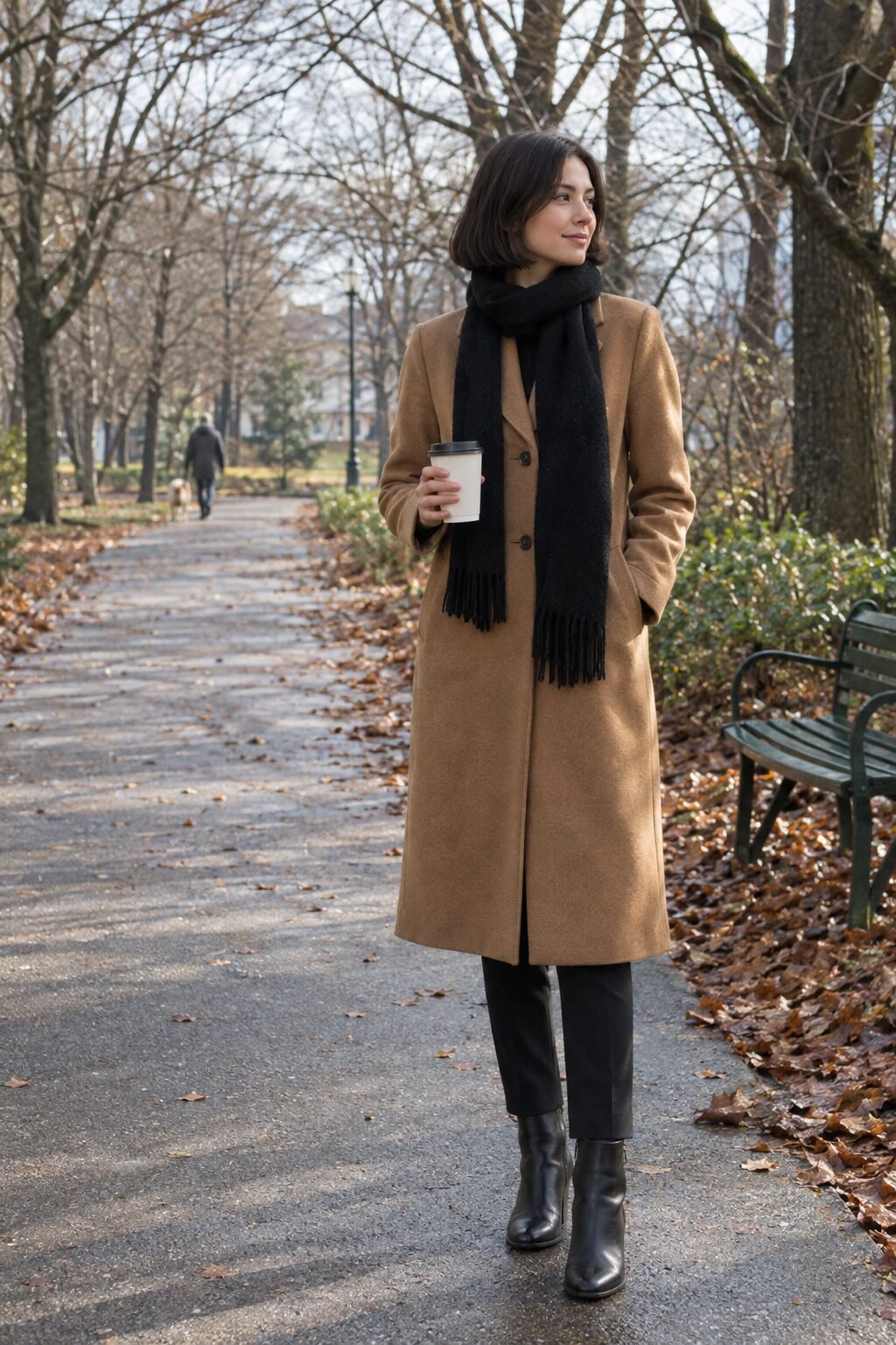 woman in a caramel Italian wool coat, black alpaca scarf and black leather ankle boots at a fall bonfire