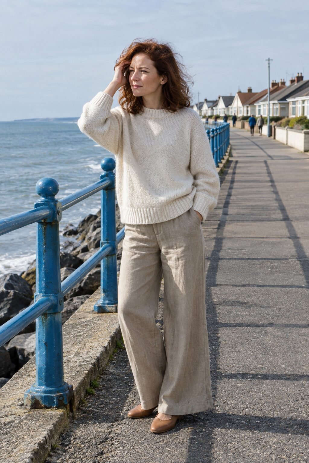 coastal grandmother fall outfit: ivory cashmere fisherman sweater and flax linen wide-leg pants