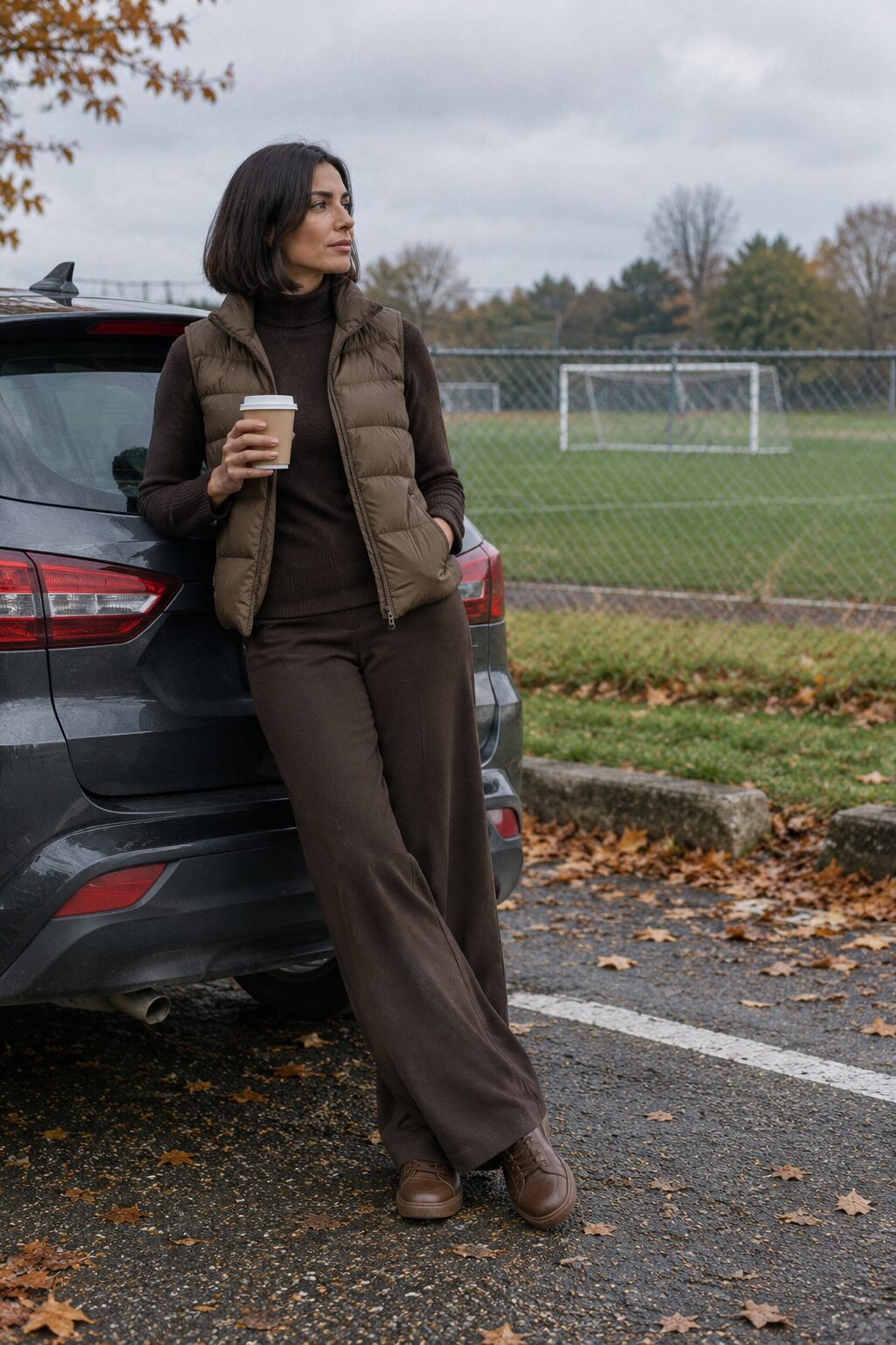 no iron outfits for moms: chocolate brown roll-neck cardigan, espresso wide-leg pants and hazel puffer vest