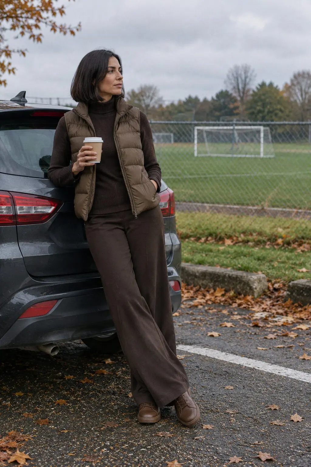no iron outfits for moms: chocolate brown roll-neck cardigan, espresso wide-leg pants and hazel puffer vest