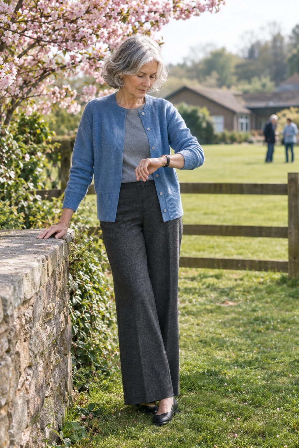 soft blue cashmere cardigan with heathered grey wide-leg ponte trousers, a modest Easter church outfit for women in their 70s