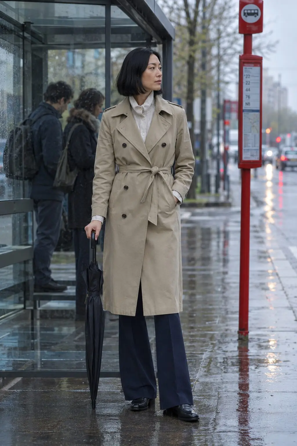 how to style a linen shirt buttoned under a light khaki stretch trench coat with navy flared ponte pants