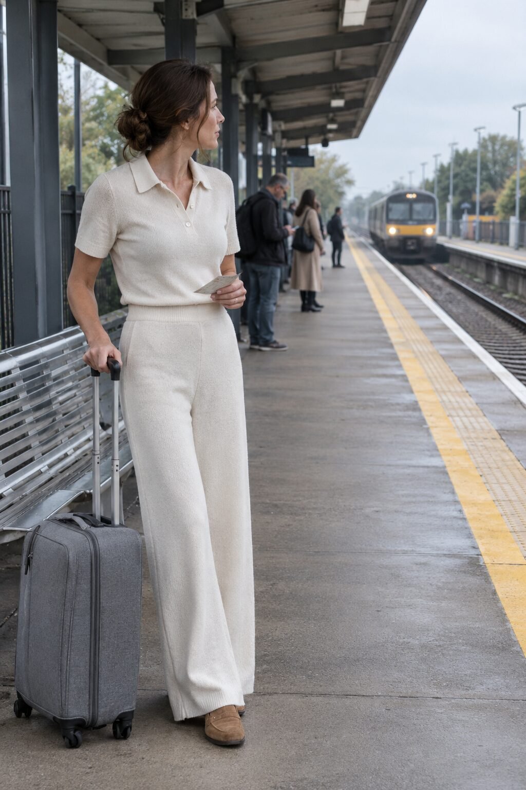 old money all white outfit idea: ivory rib knit polo with ivory sweater-knit high-waisted wide-leg pants for a travel day