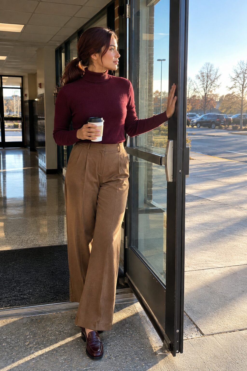 burgundy and camel halloween teacher outfit: burgundy cashmere turtleneck tucked into camel wide-leg trousers with berry loafers