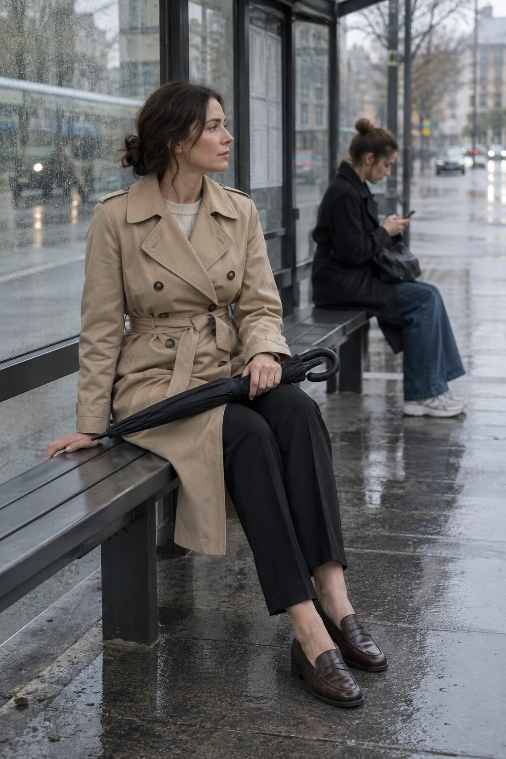 how to style elastic-waist trousers under a belted stone beige trench coat with coffee bean penny loafers