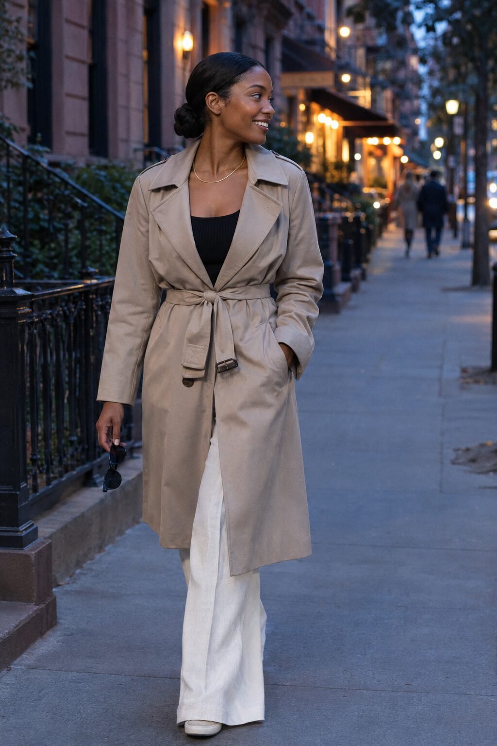 old money dinner outfit: black scoop-neck tank, cream wide-leg trousers and a belted cream trench coat with a simple gold chain