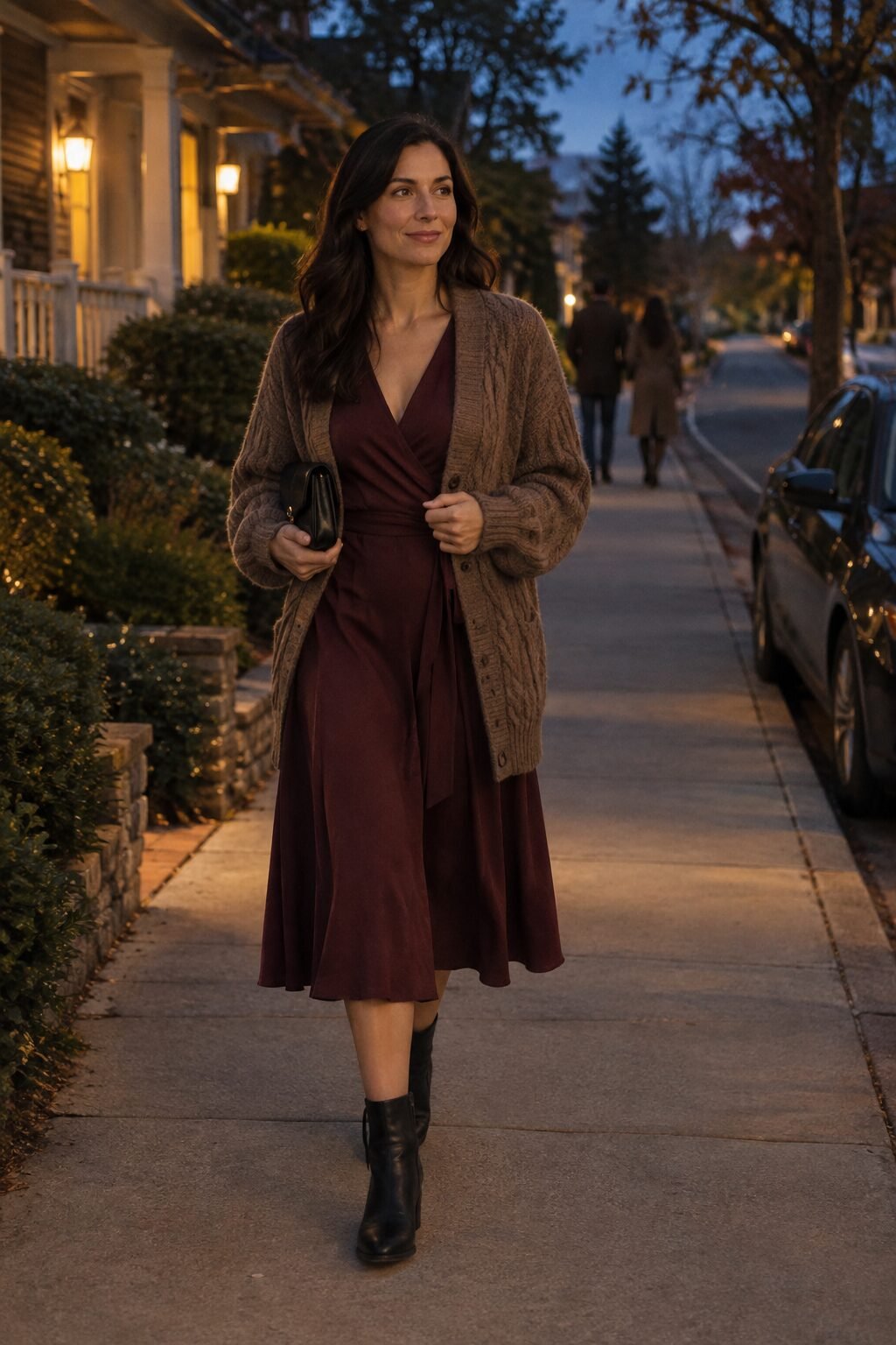 wine wrap dress with a heather brown cable cardigan, an elevated fall halloween dinner outfit under $150