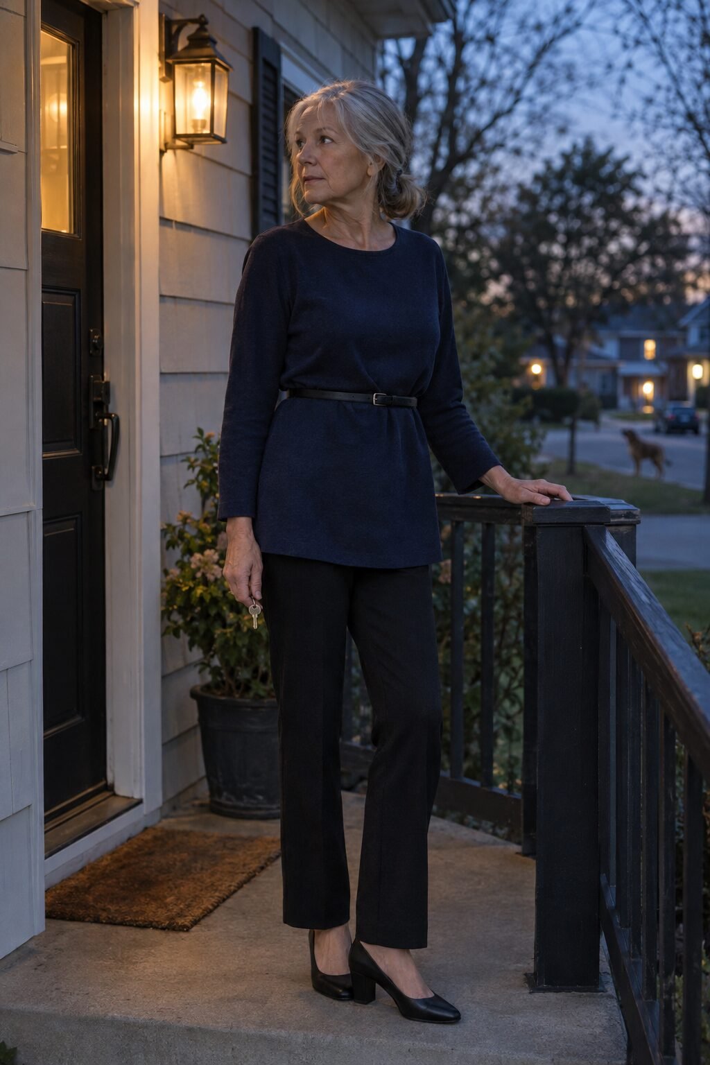 how to style a tunic for women in their 70s: navy crewneck tunic belted at the waist with black trousers and a block heel pump