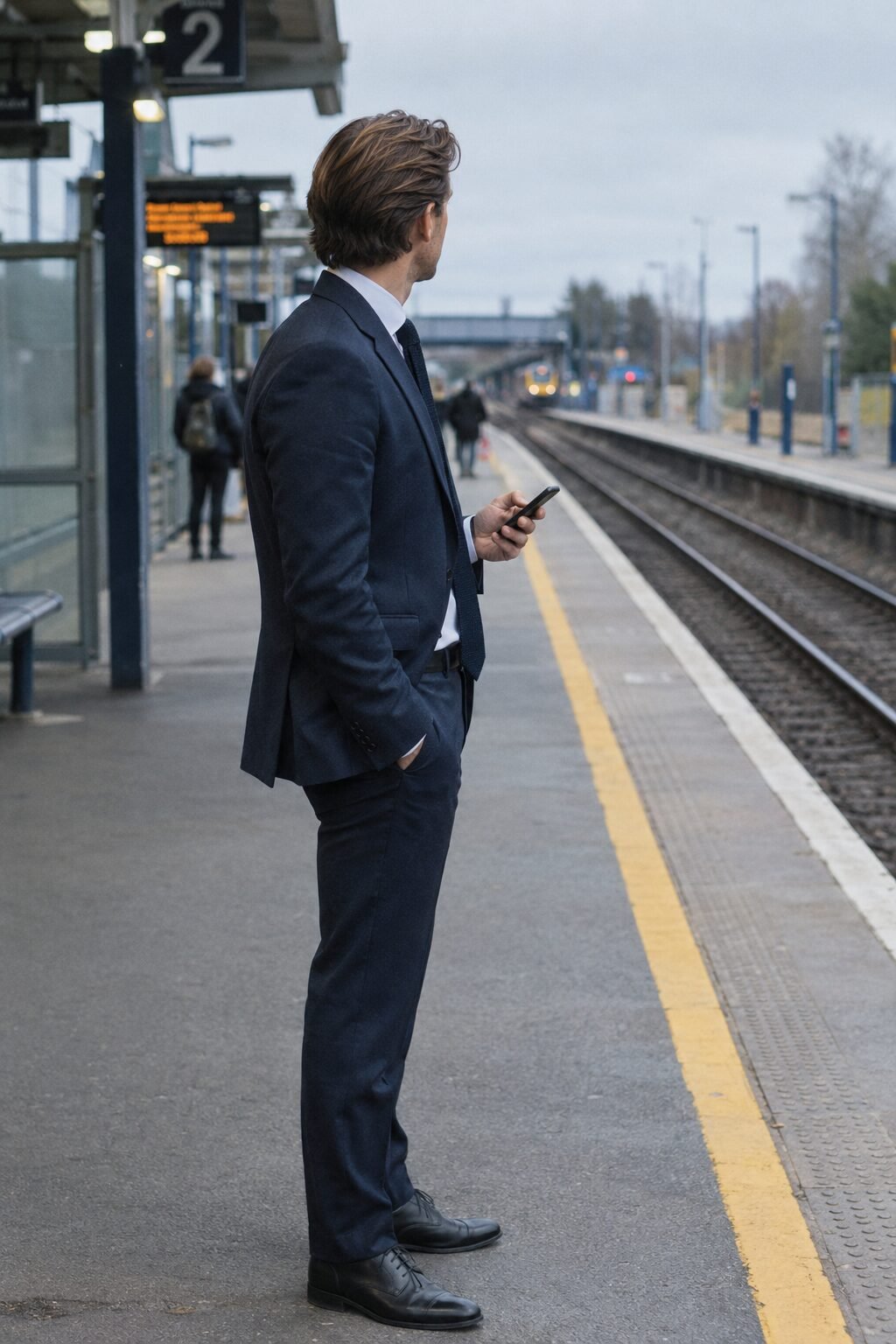 soft side part medium-length haircut with a healthy shine on a man in a dark suit