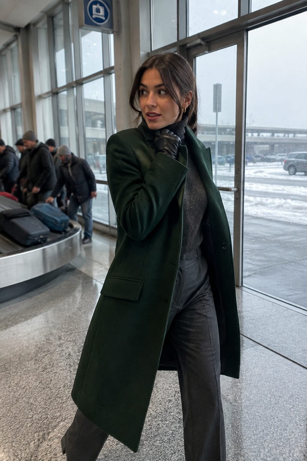 elegant airport outfit: forest green wool coat over a chunky knit and straight-leg trousers for winter travel