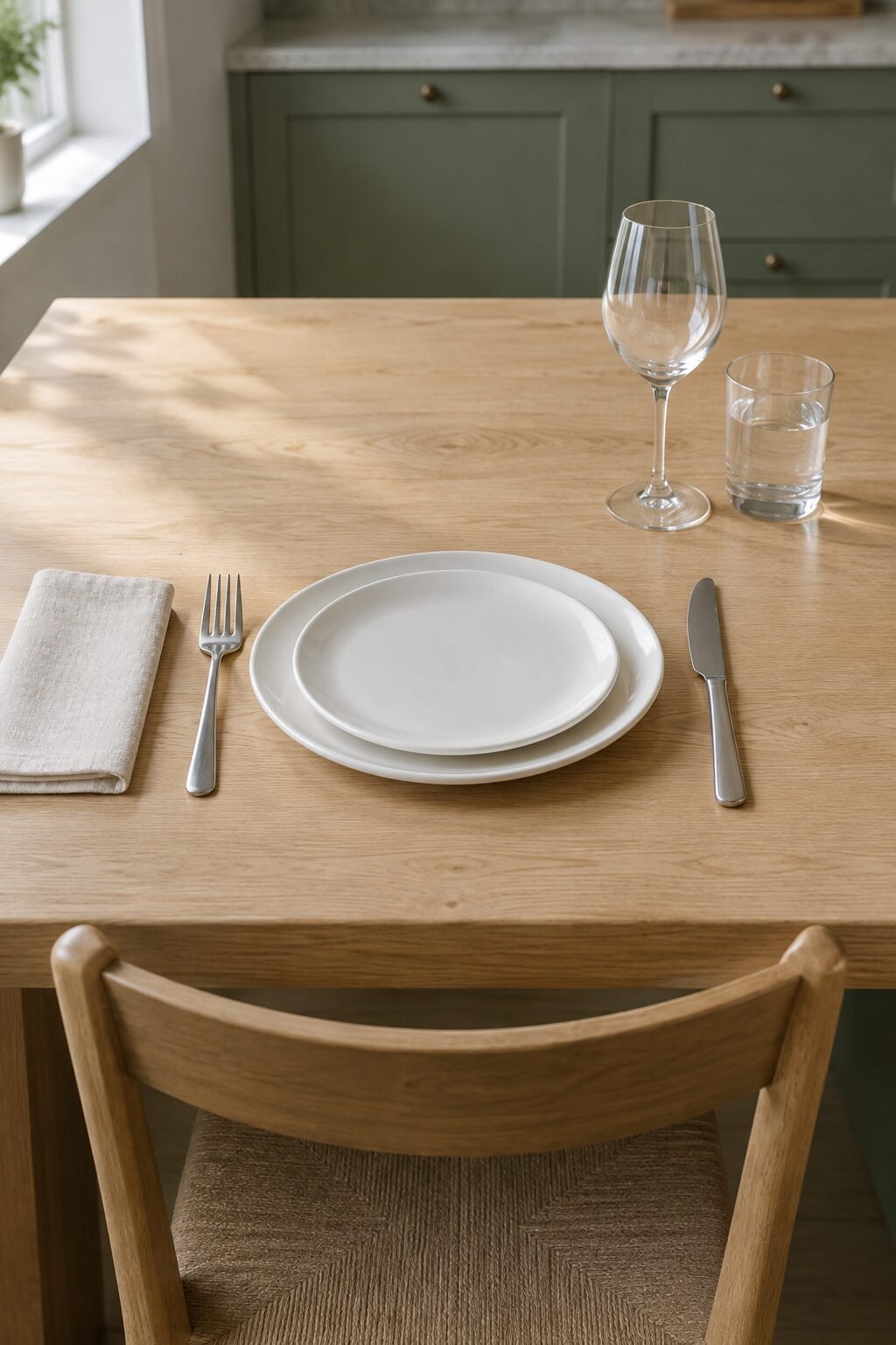 simple table setting for two with creamy white scalloped dinner plates on washed linen