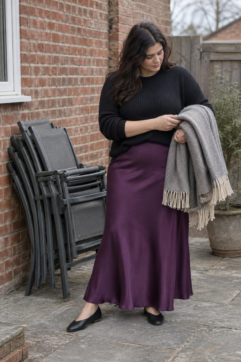 plus size fall halloween outfit: deep orchid purple silk skirt with black knit sweater