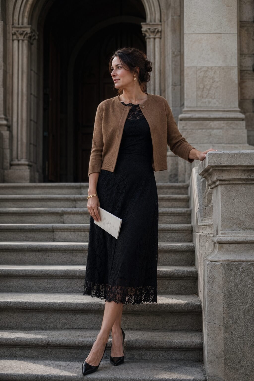 wedding guest outfit with sleeves for jewelry: black lace-inset midi dress and camel-brown cropped cardigan for a church wedding