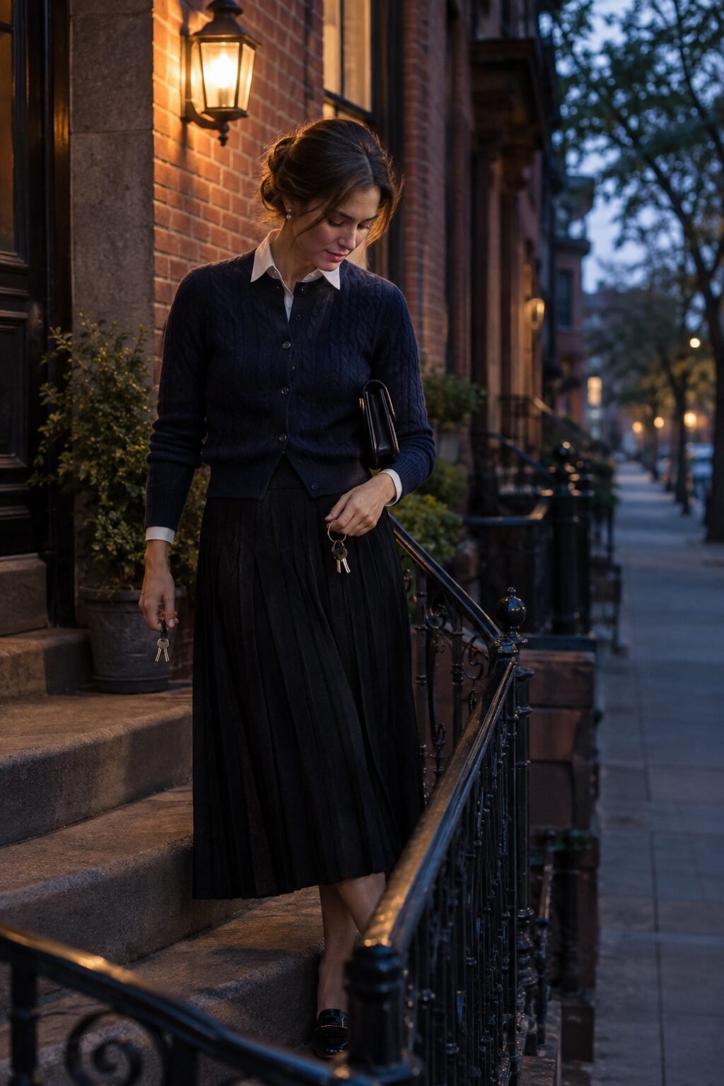cashmere outfit for winter: navy cable-knit cardigan buttoned over a white collared shirt with a black pleated midi skirt