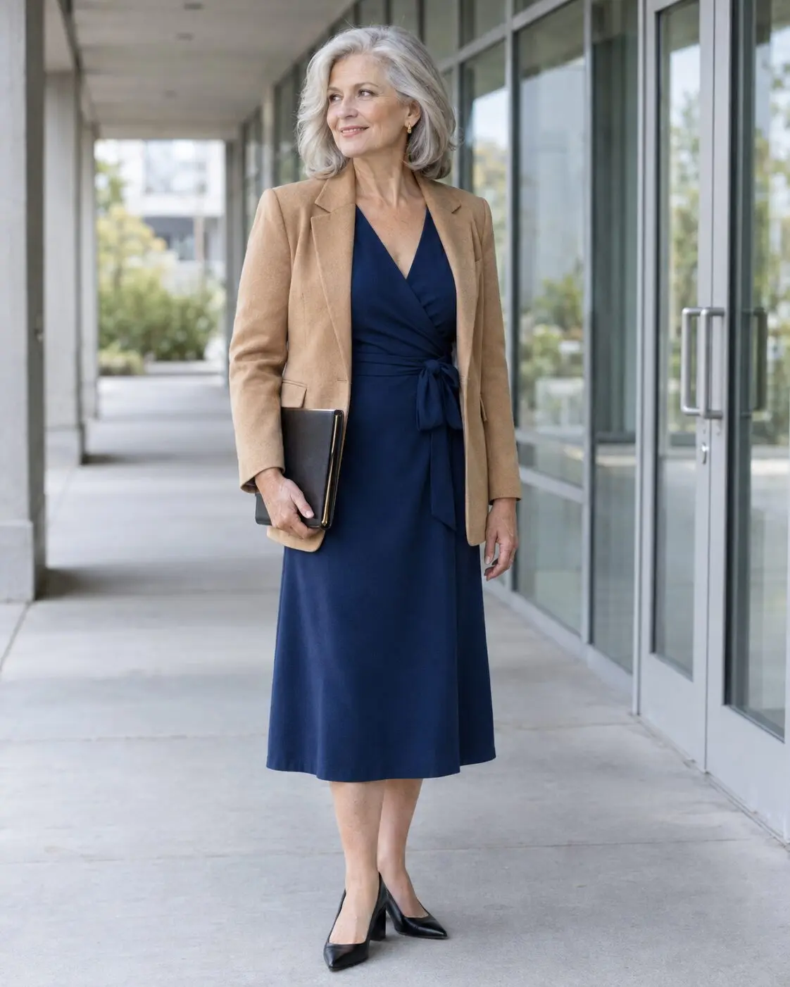 how to style a wrap dress for women in their 70s: navy wrap dress under an open camel cashmere blazer with black block heel pumps