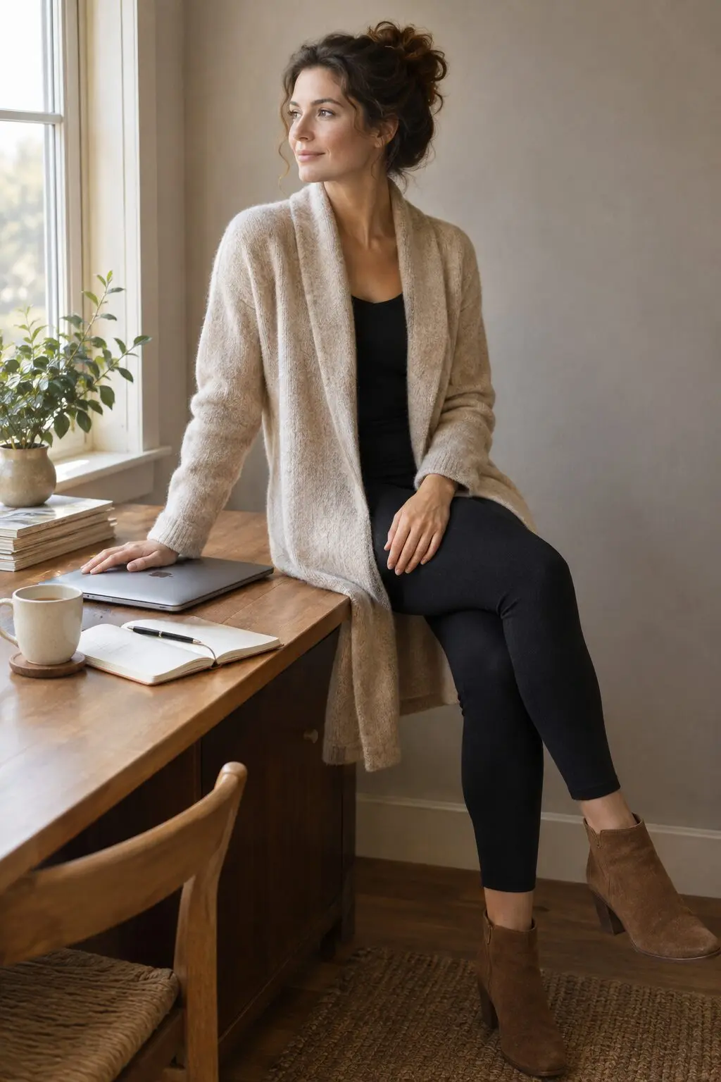 elegant loungewear outfit: oatmeal open-front cashmere duster cardigan over black leggings with toffee suede ankle boots