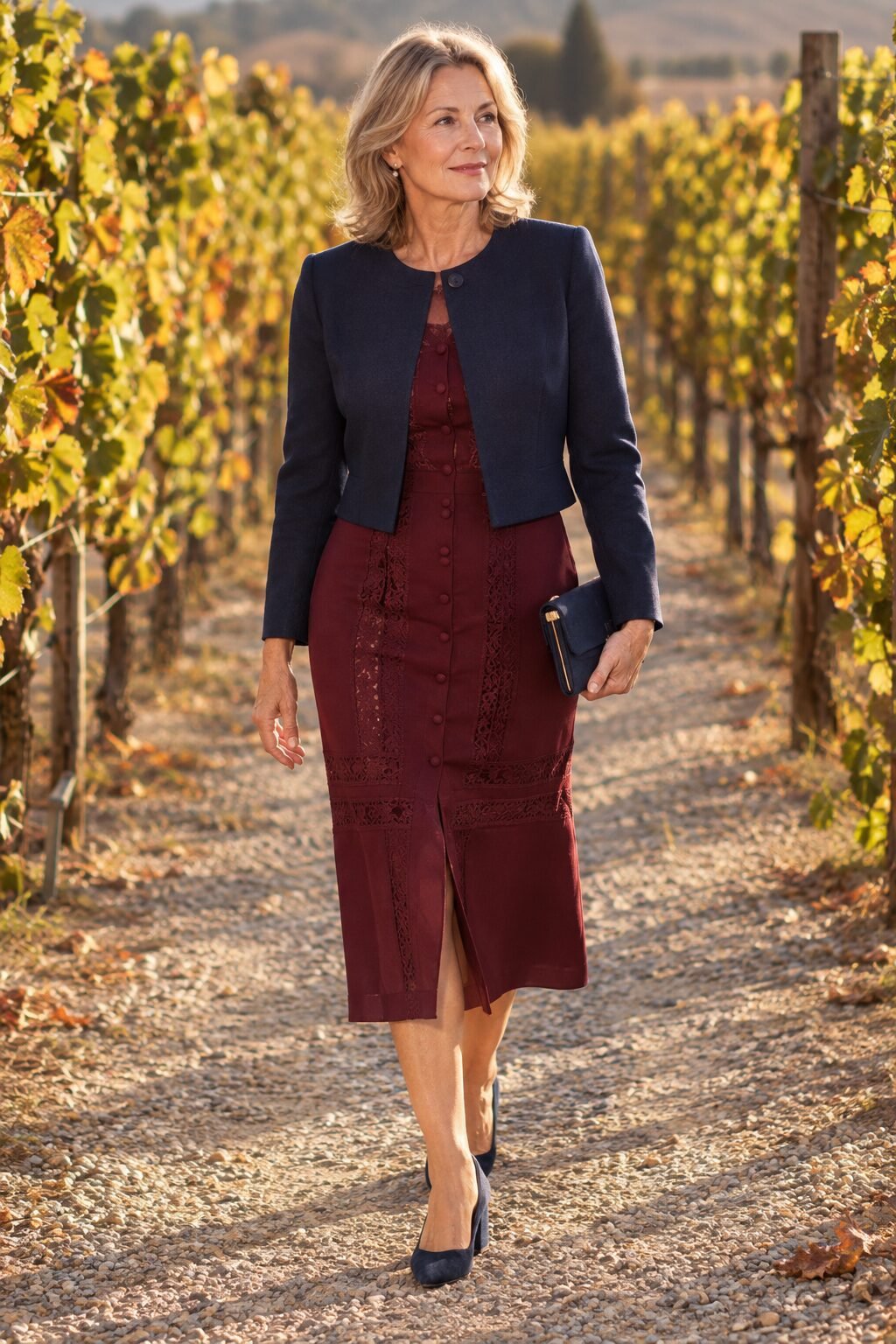 mother of the groom outfit: navy cropped jacket buttoned over a maroon lace-inset midi dress with navy suede pumps for an early fall vineyard wedding