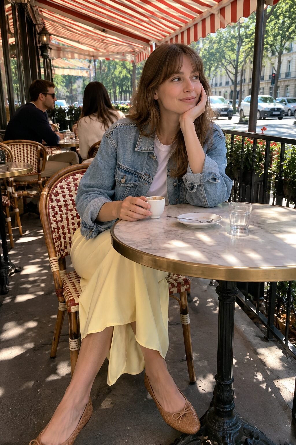 woman wearing a light-wash cropped denim jacket with a butter-yellow midi skirt for a weekend brunch outfit