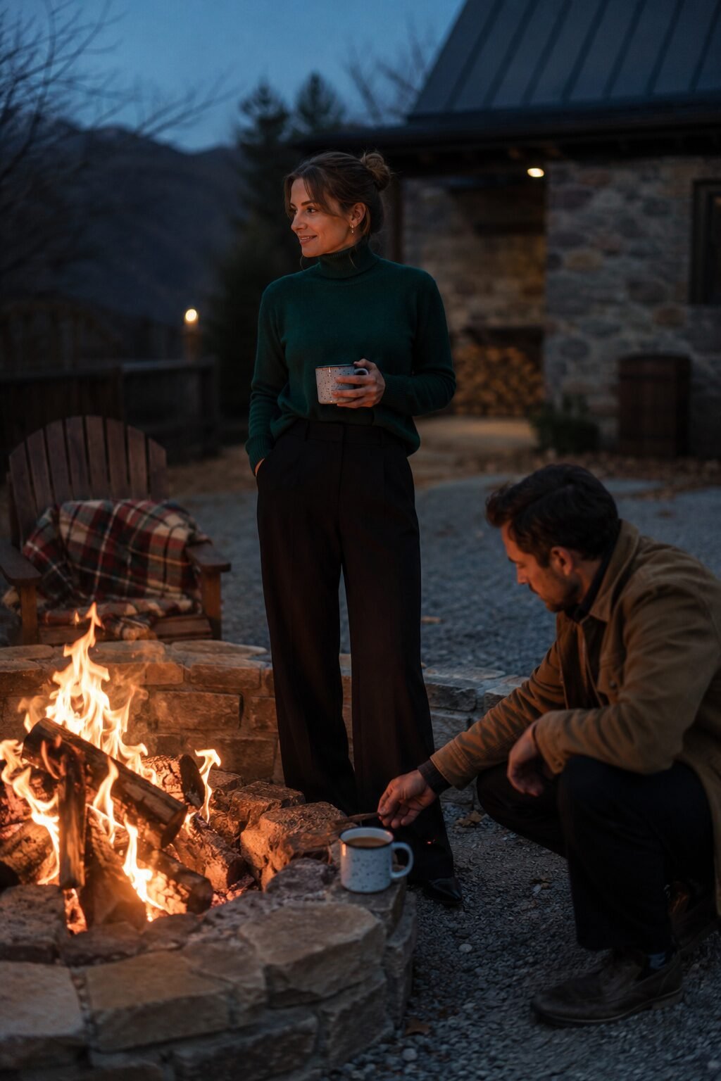 cozy halloween date night outfit for a bonfire: pine green turtleneck tucked into black wide-leg trousers