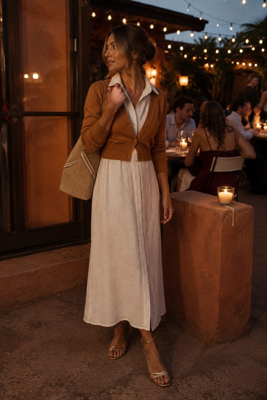 linen shirtdress layered outfit: caramel cropped cardigan over cream linen shirtdress