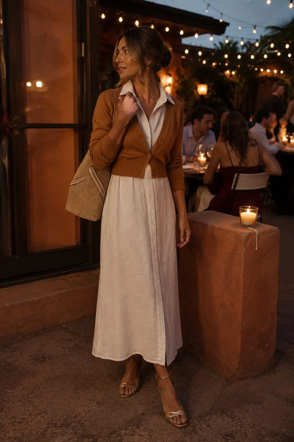 linen shirtdress layered outfit: caramel cropped cardigan over cream linen shirtdress