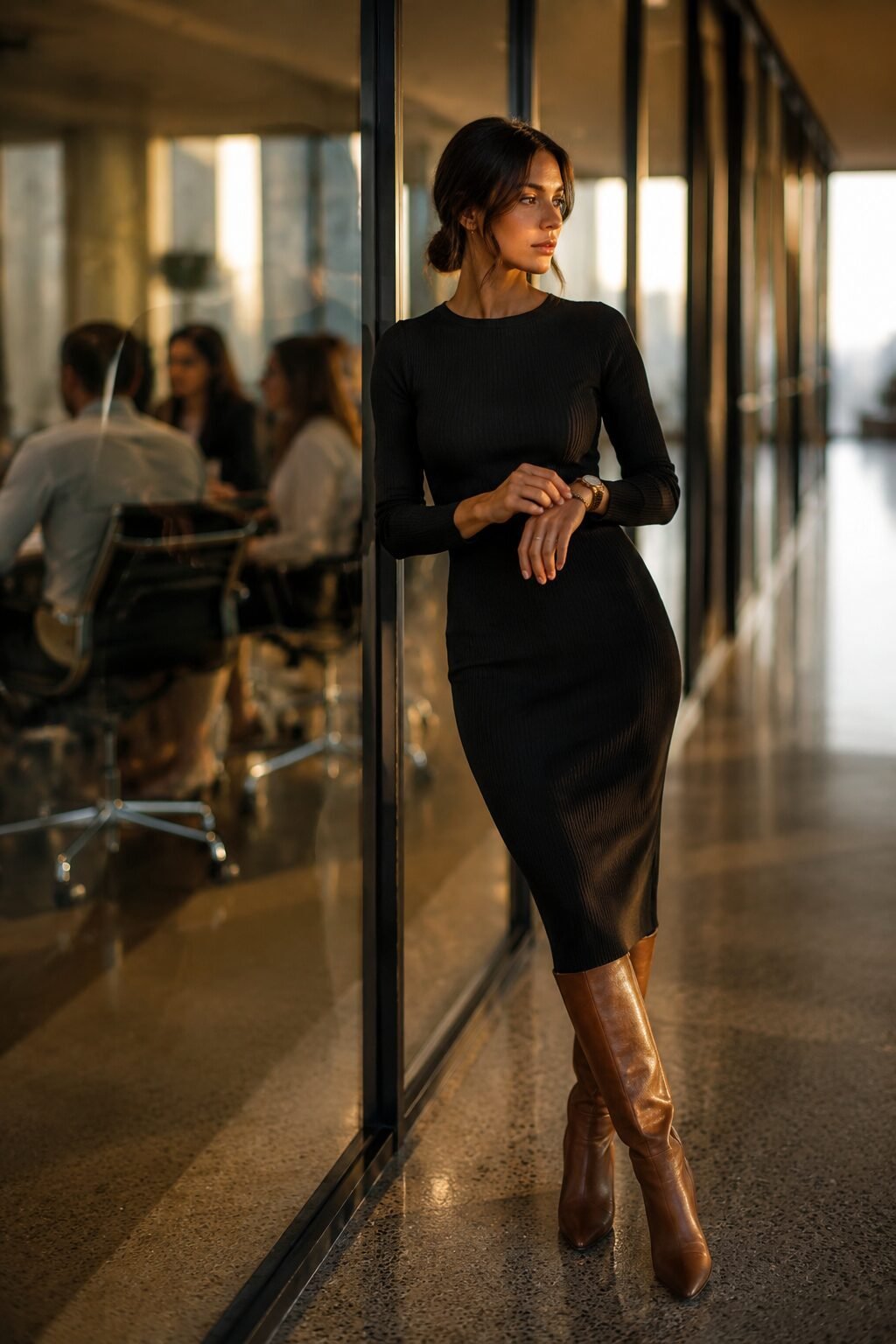 black knit dress and cognac tall boots styled as an office-to-evening halloween outfit