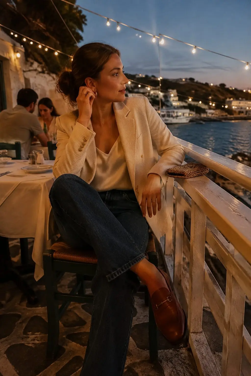 what to wear with brown loafers: cream blazer and straight-leg jeans dinner outfit