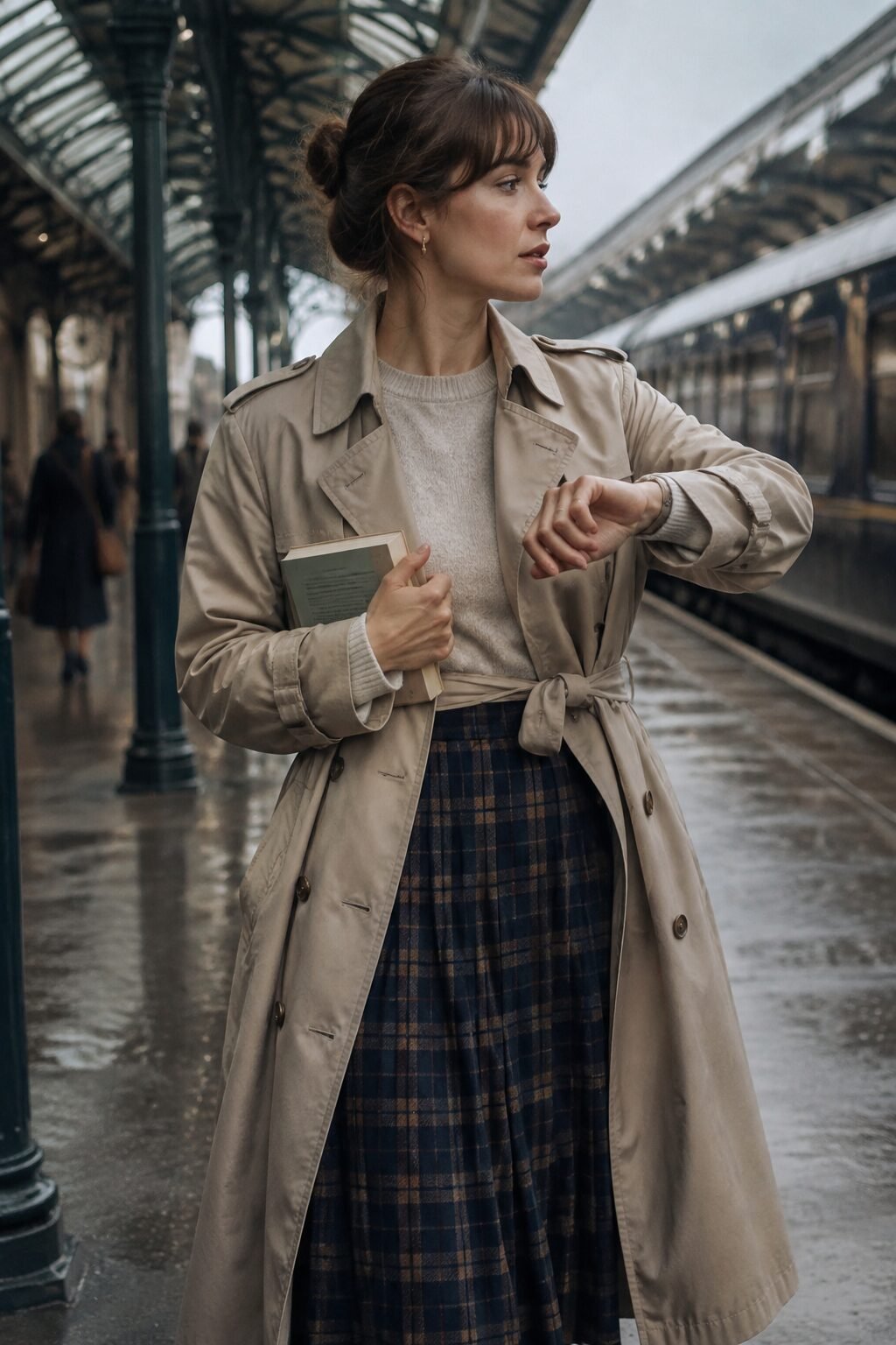 timeless style vs trendy fashion: beige trench coat, cashmere crewneck sweater, and pleated plaid midi skirt