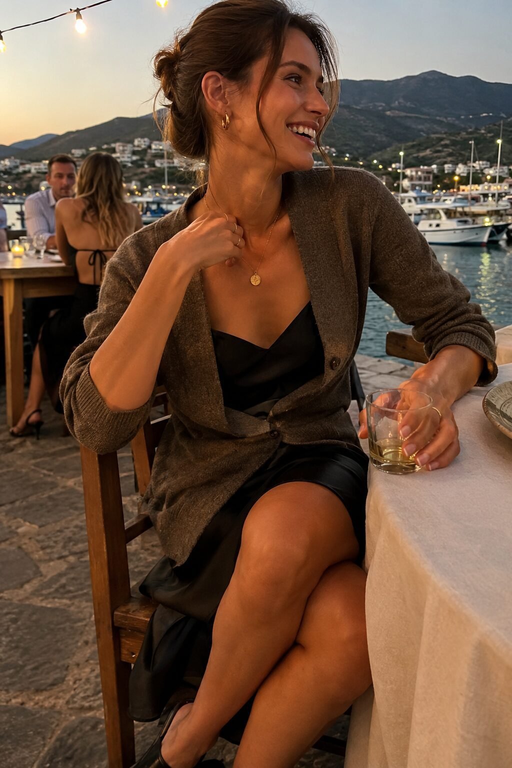 how to dress like carolyn bessette for dinner: black bias-cut slip dress layered under a cashmere cardigan