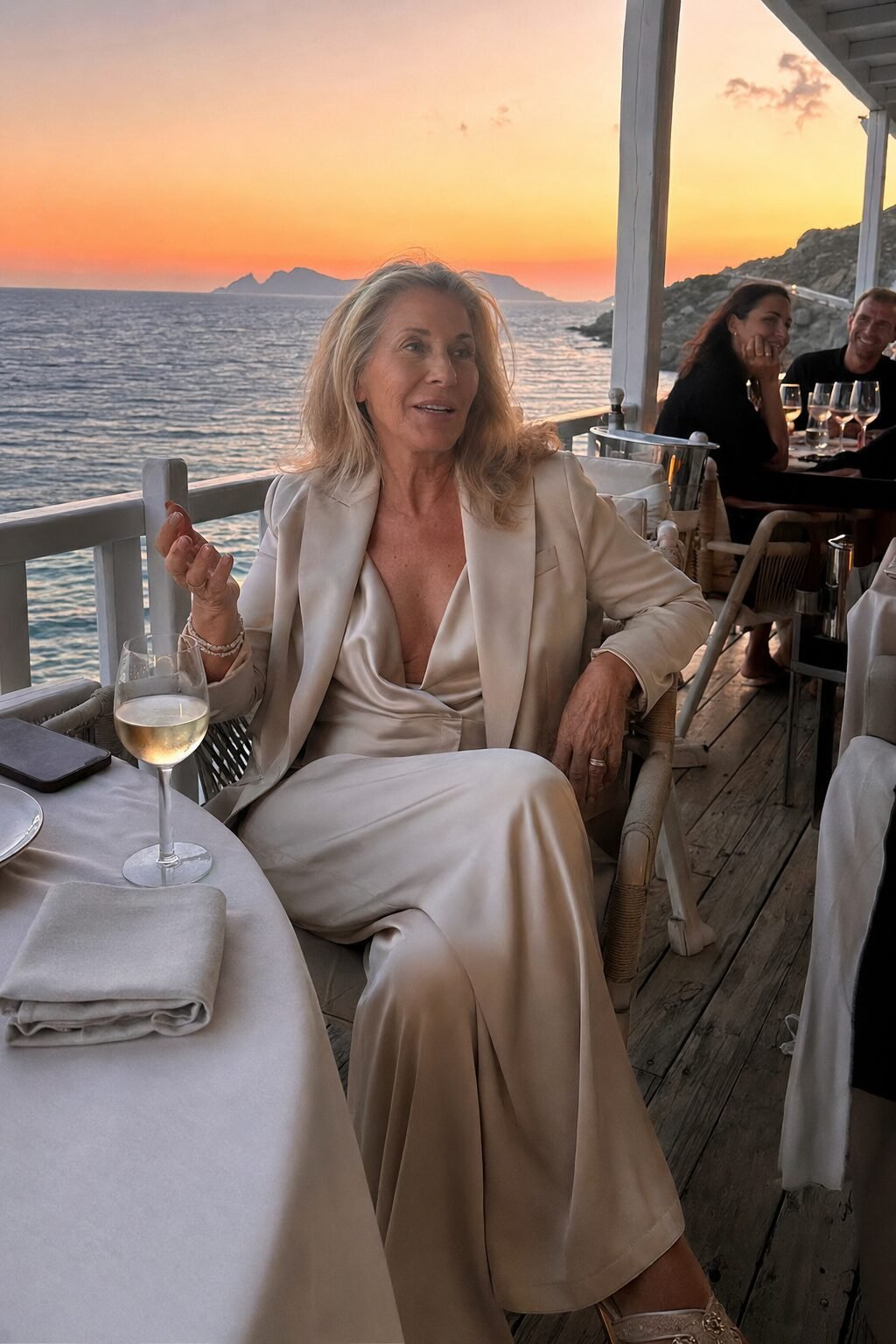 champagne wide-leg silk jumpsuit with cropped tailored jacket, grandmother of the bride outfit idea for a rehearsal dinner