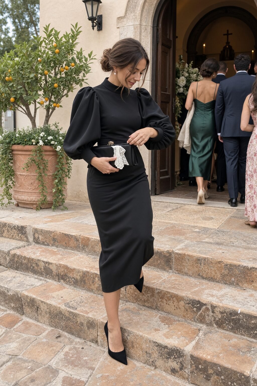 old money wedding guest dress: black high-neck puff-sleeve midi dress with a satin clutch for a daytime ceremony