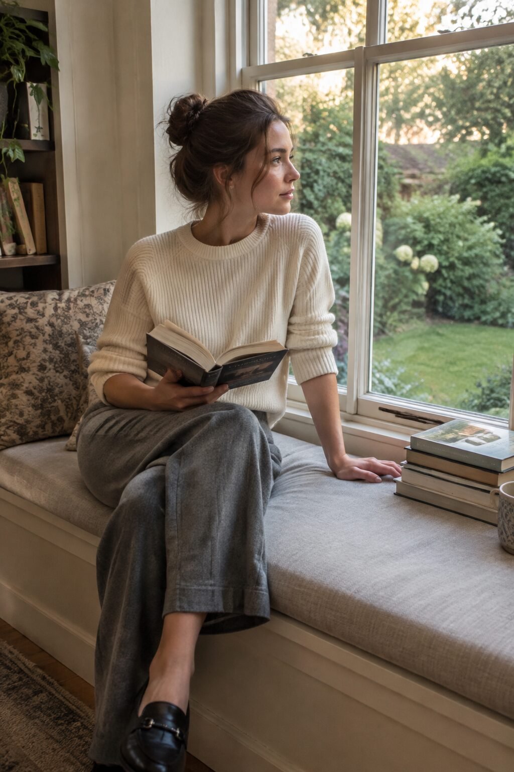 Woman wearing a cream sweater reading by a window seat in the late afternoon
