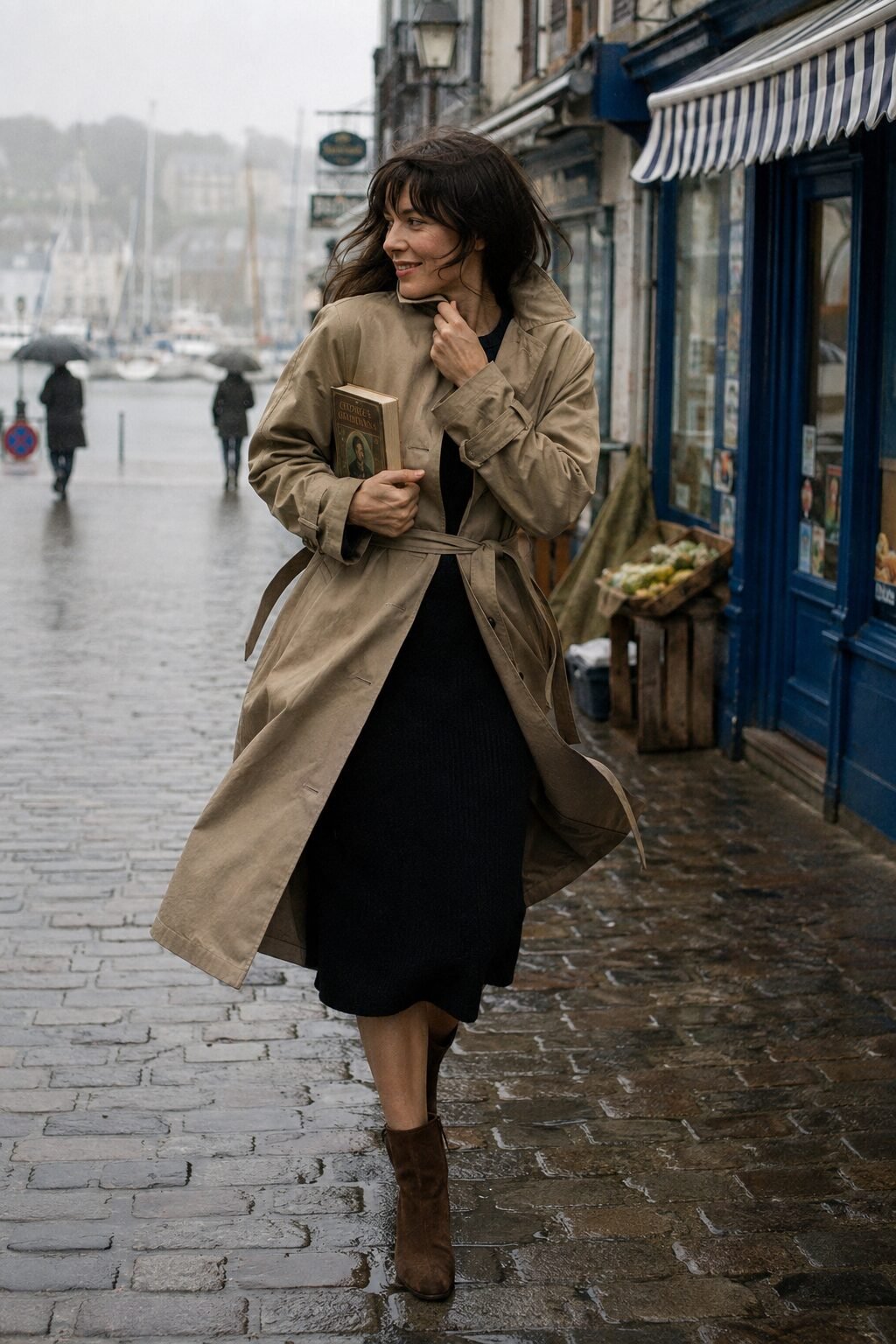 black midi dress under a belted camel trench coat and ankle boots