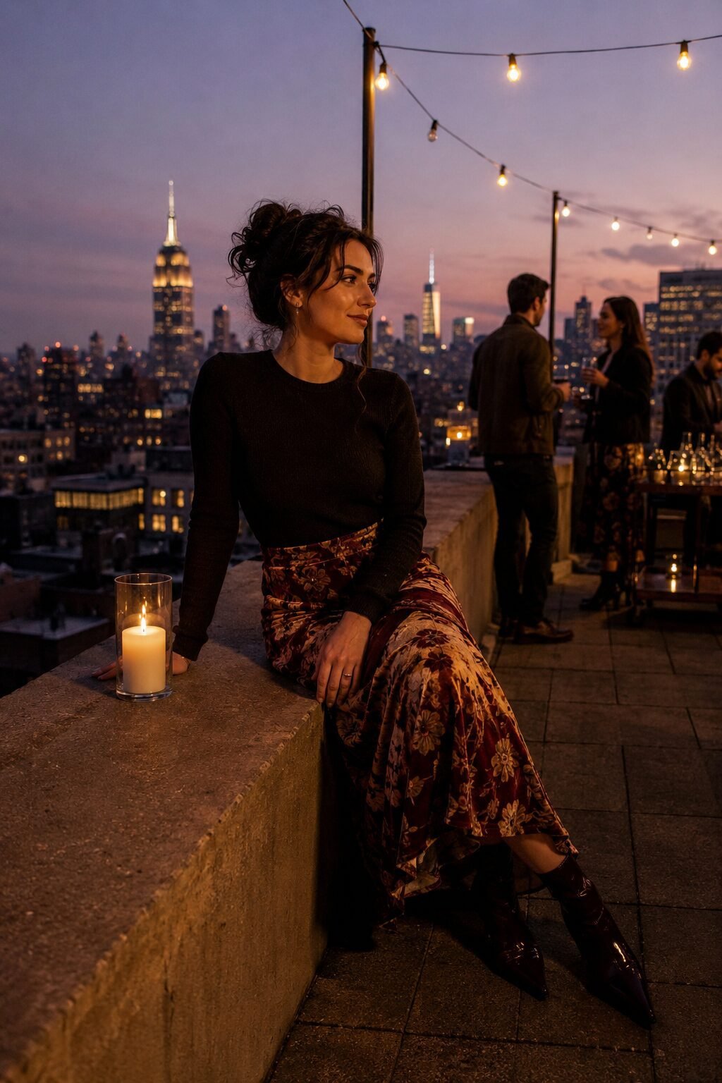 floral velvet midi skirt with chocolate patent ankle boots, an affordable halloween party guest outfit for fall