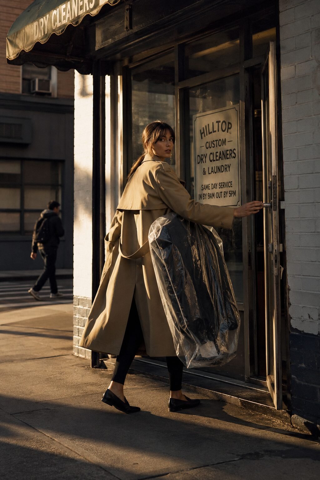 elegant fall errand outfit: camel longline trench worn open over black leggings