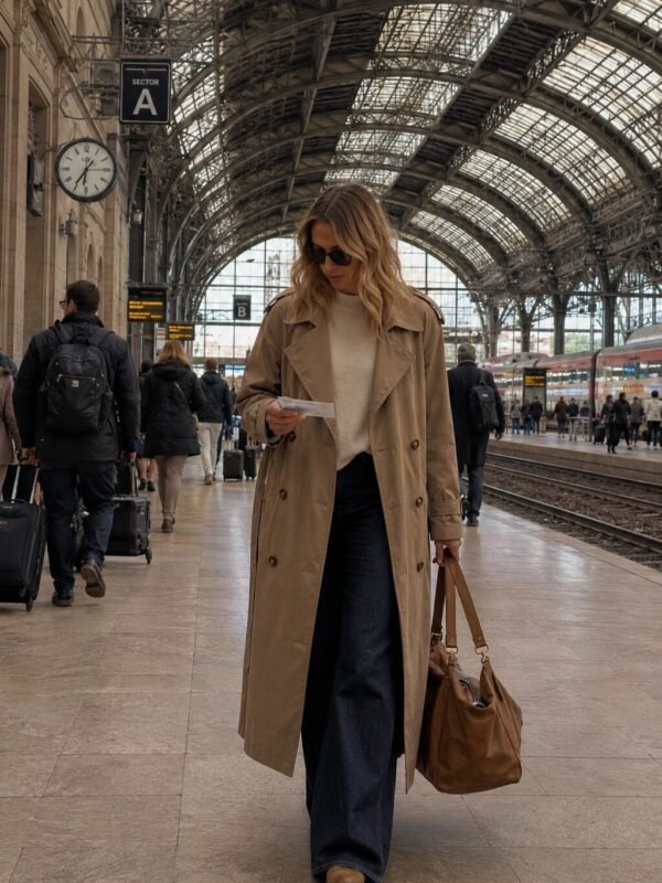 Old money outfit: camel trench + ivory crewneck + wide-leg denim