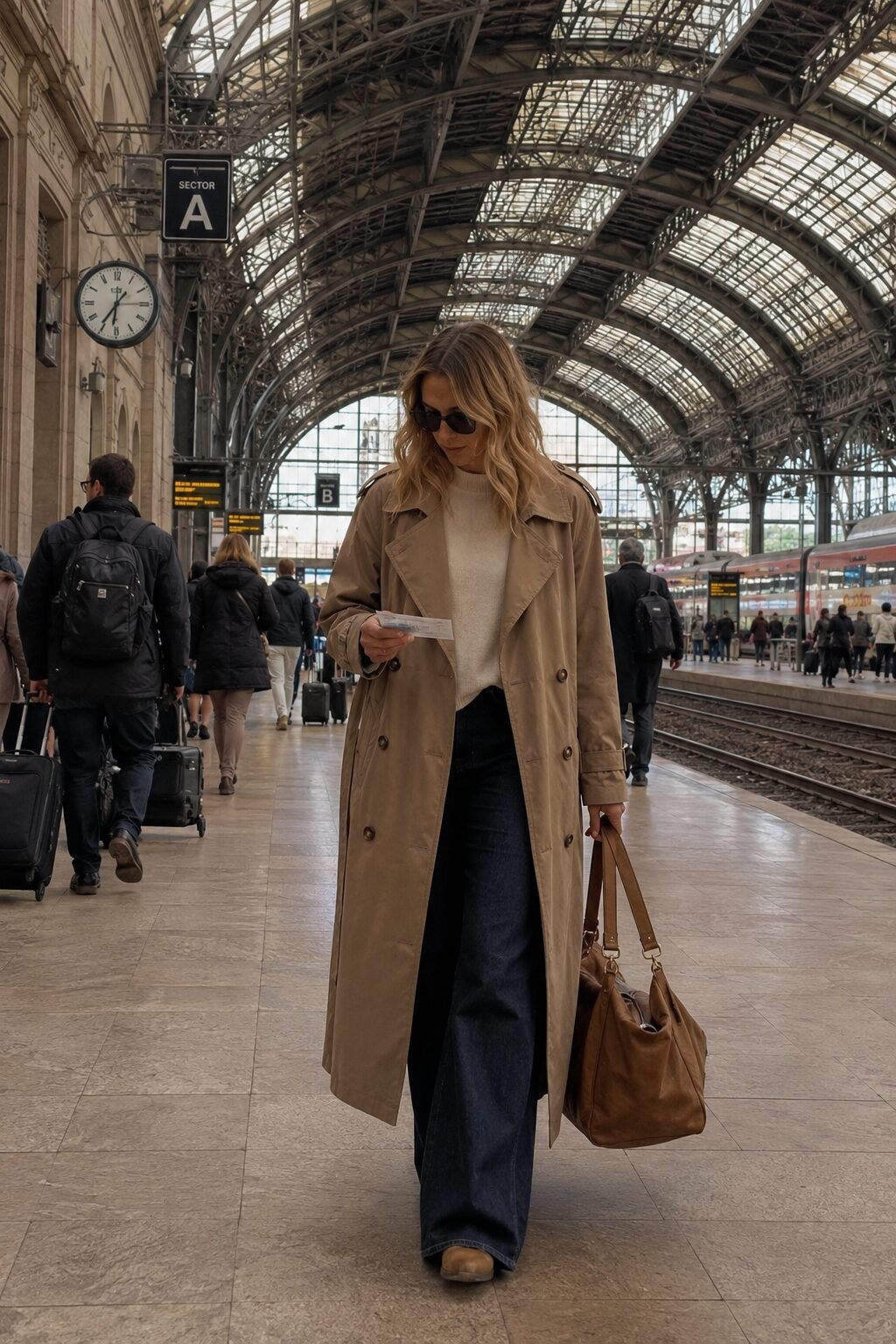 camel trench coat layered over ivory cashmere crewneck and wide-leg denim, capsule wardrobe travel outfit