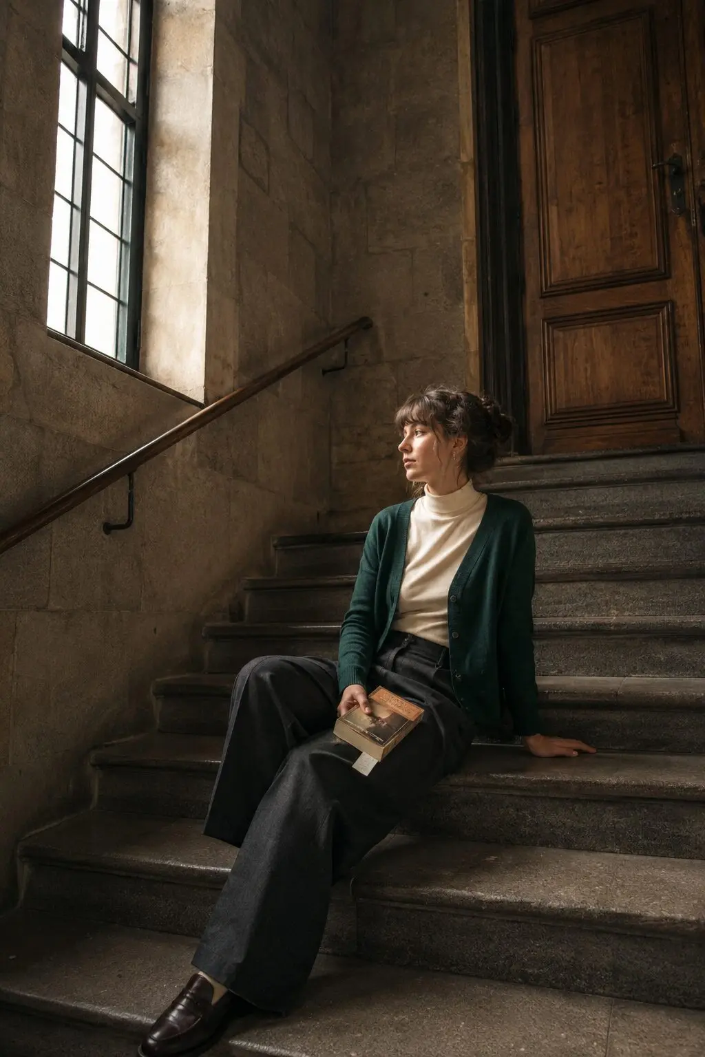 how to style a cardigan with a turtleneck: forest green cardigan layered over an ivory turtleneck for cold fall days