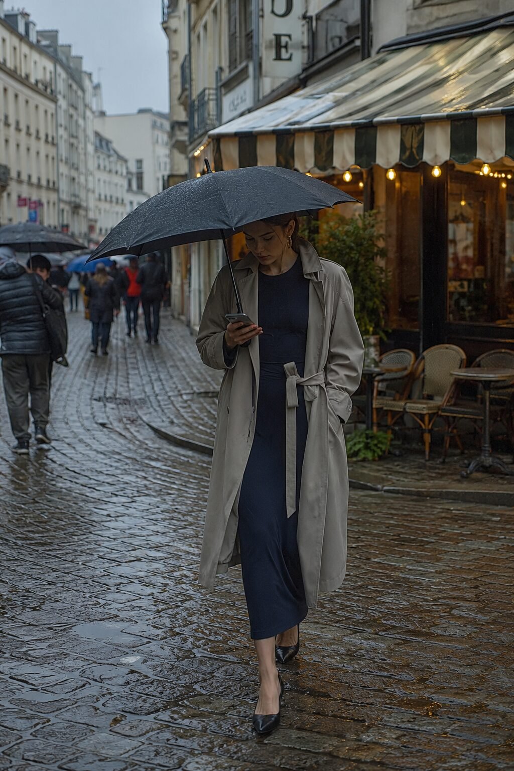 rainy-day wrinkle-free business trip outfit: navy jersey midi dress under a stone technical trench coat