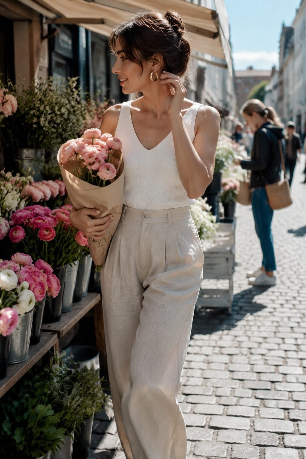 early summer linen pants outfit: high-waisted oatmeal linen trouser, white rib tank, and gold hoop earrings