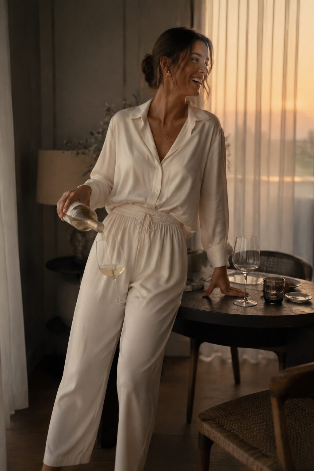 carolyn bessette style outfit: matching ivory silk button-front blouse and wide-leg silk trouser set for evening at home