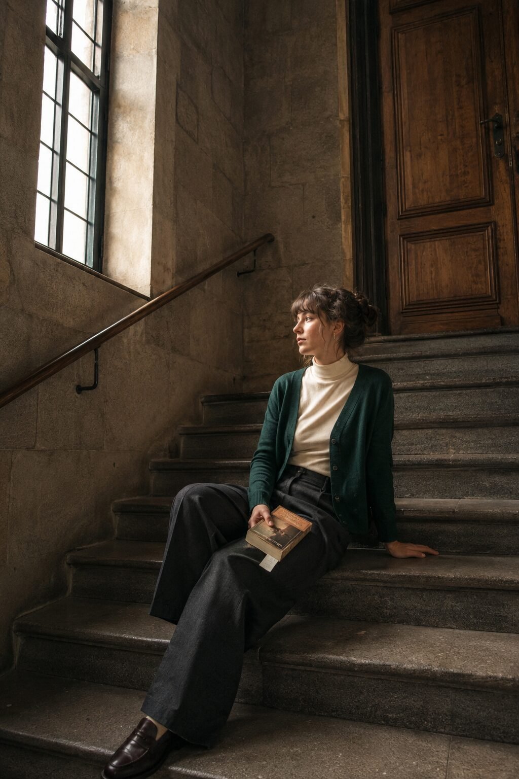 how to style a cardigan with a turtleneck: forest green cardigan layered over an ivory turtleneck for cold fall days