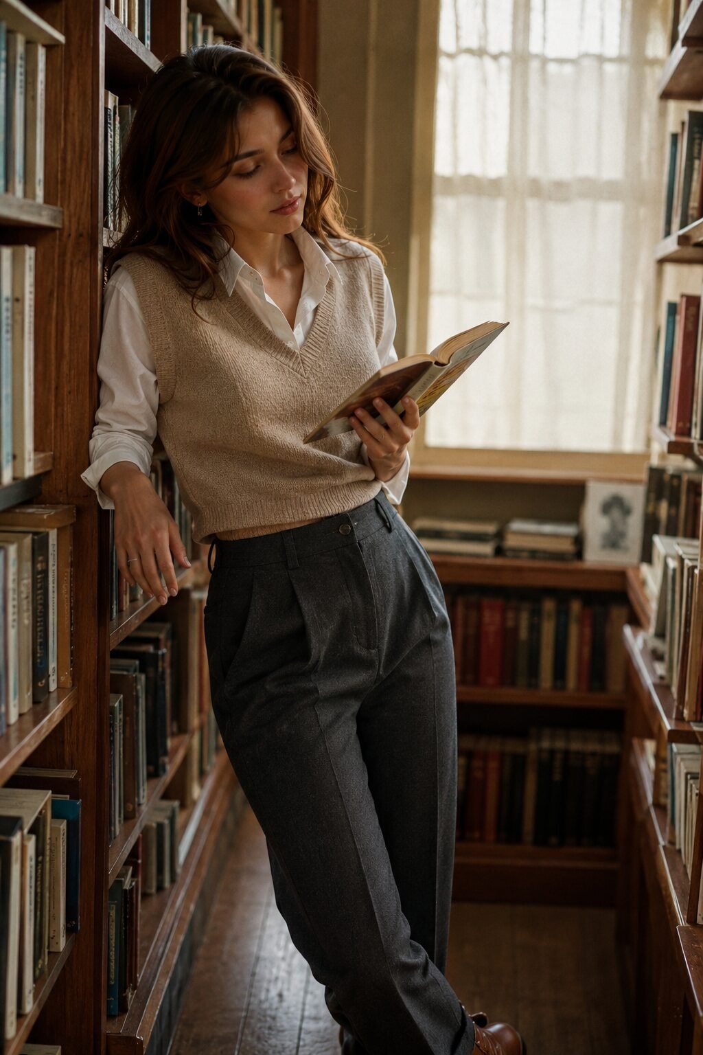 woman layering a cashmere sweater vest over a white button-down shirt for an office layering outfit
