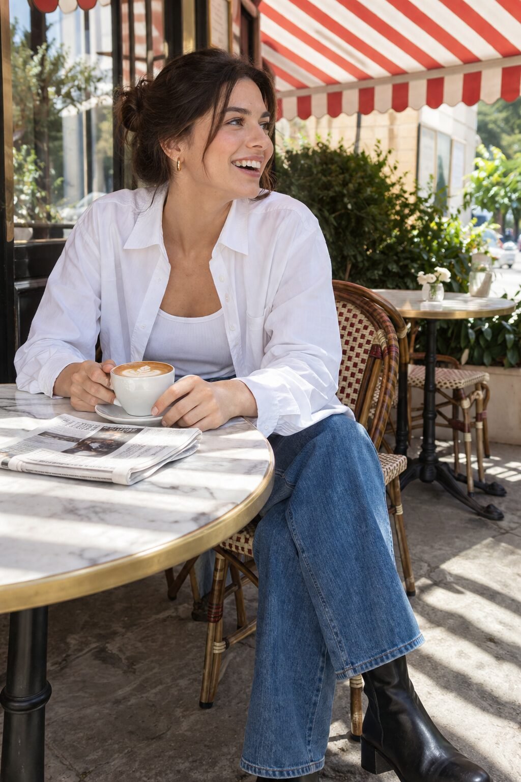 capsule wardrobe essentials for winter: white button-down worn open over a white tank with indigo jeans