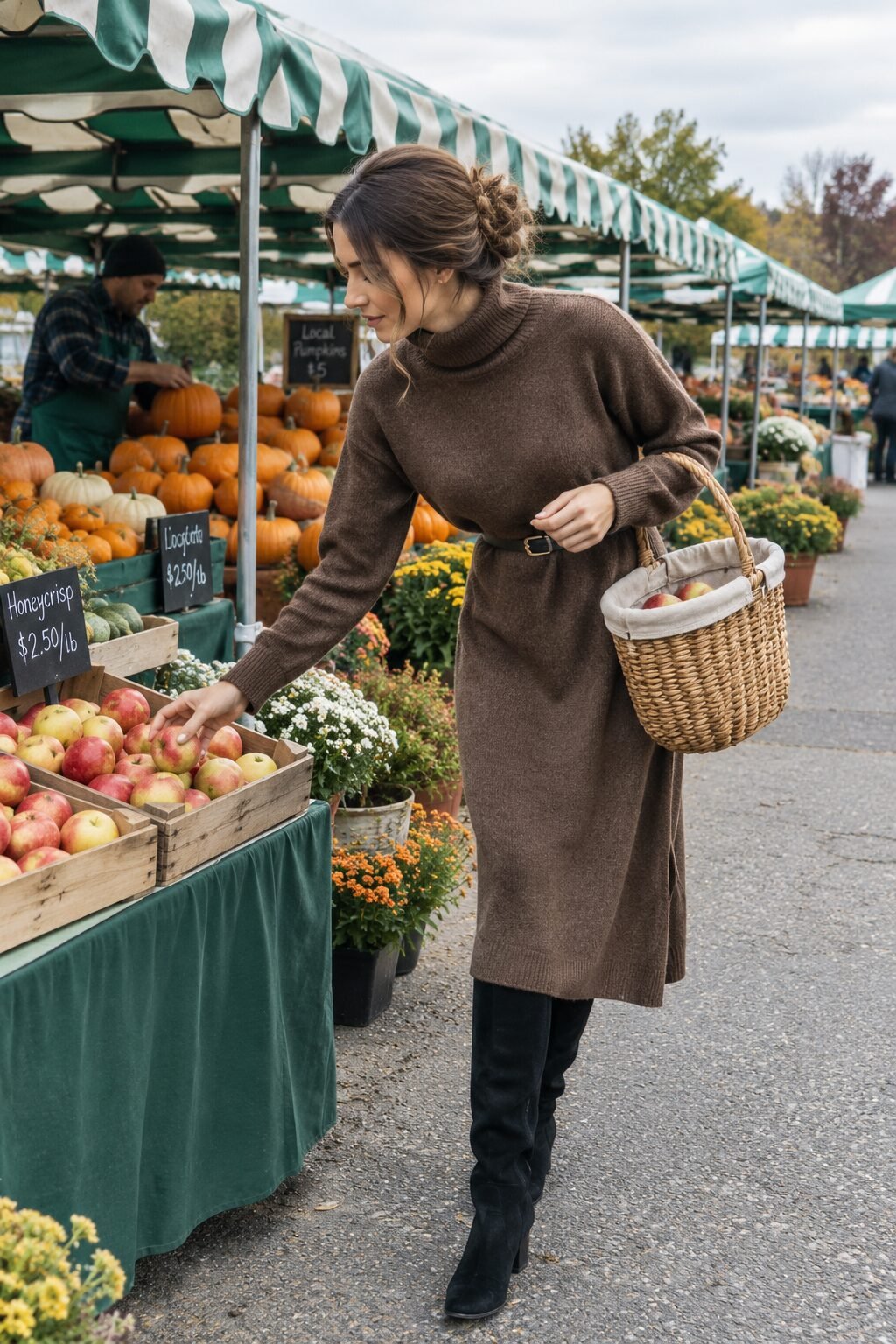 cozy fall weekend outfit: brown cashmere turtleneck sweater dress belted at the waist with black suede knee-high boots