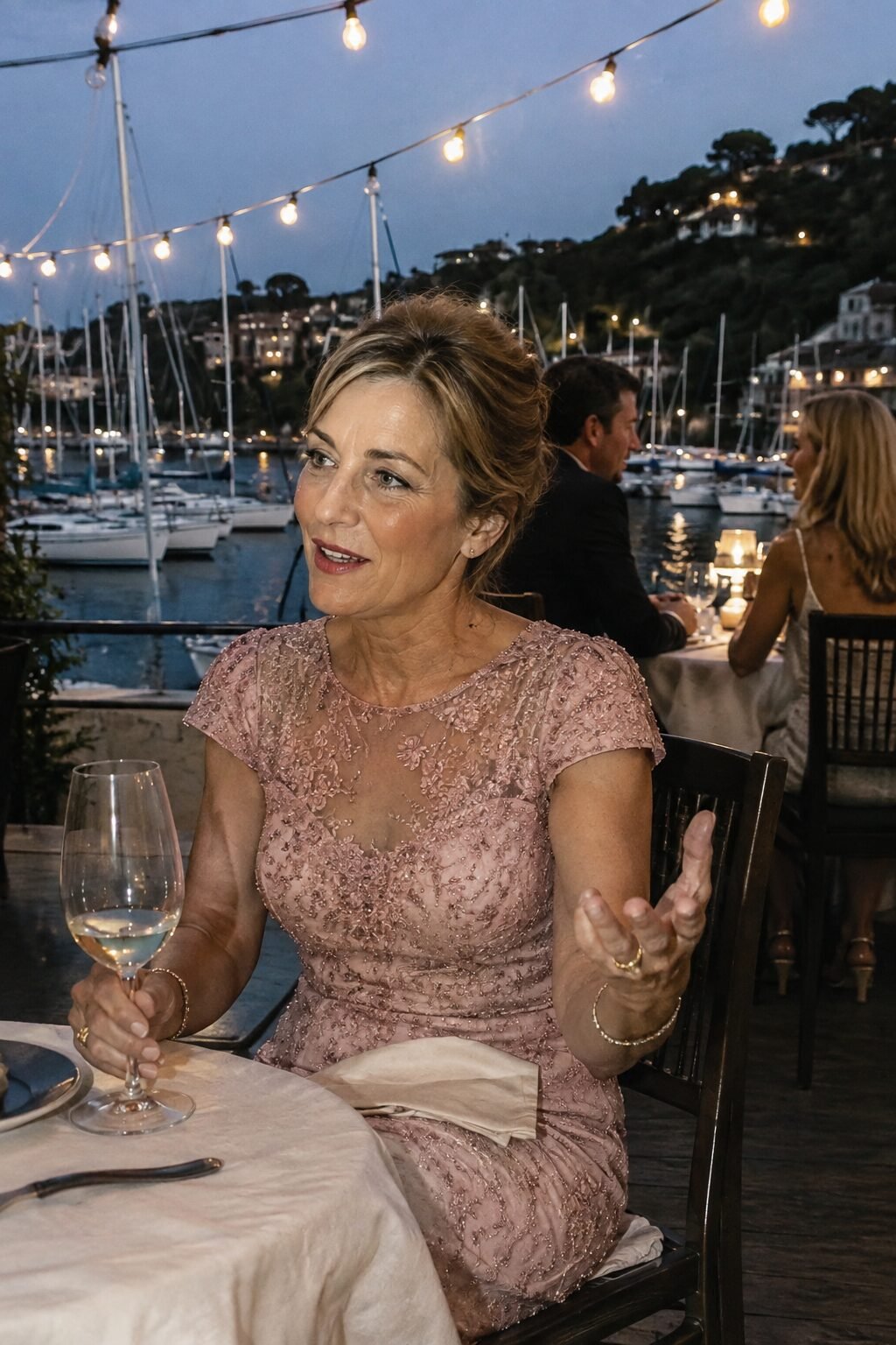 blush beaded gown and pink floral chiffon midi dress options for a mother of the groom rehearsal dinner outfit