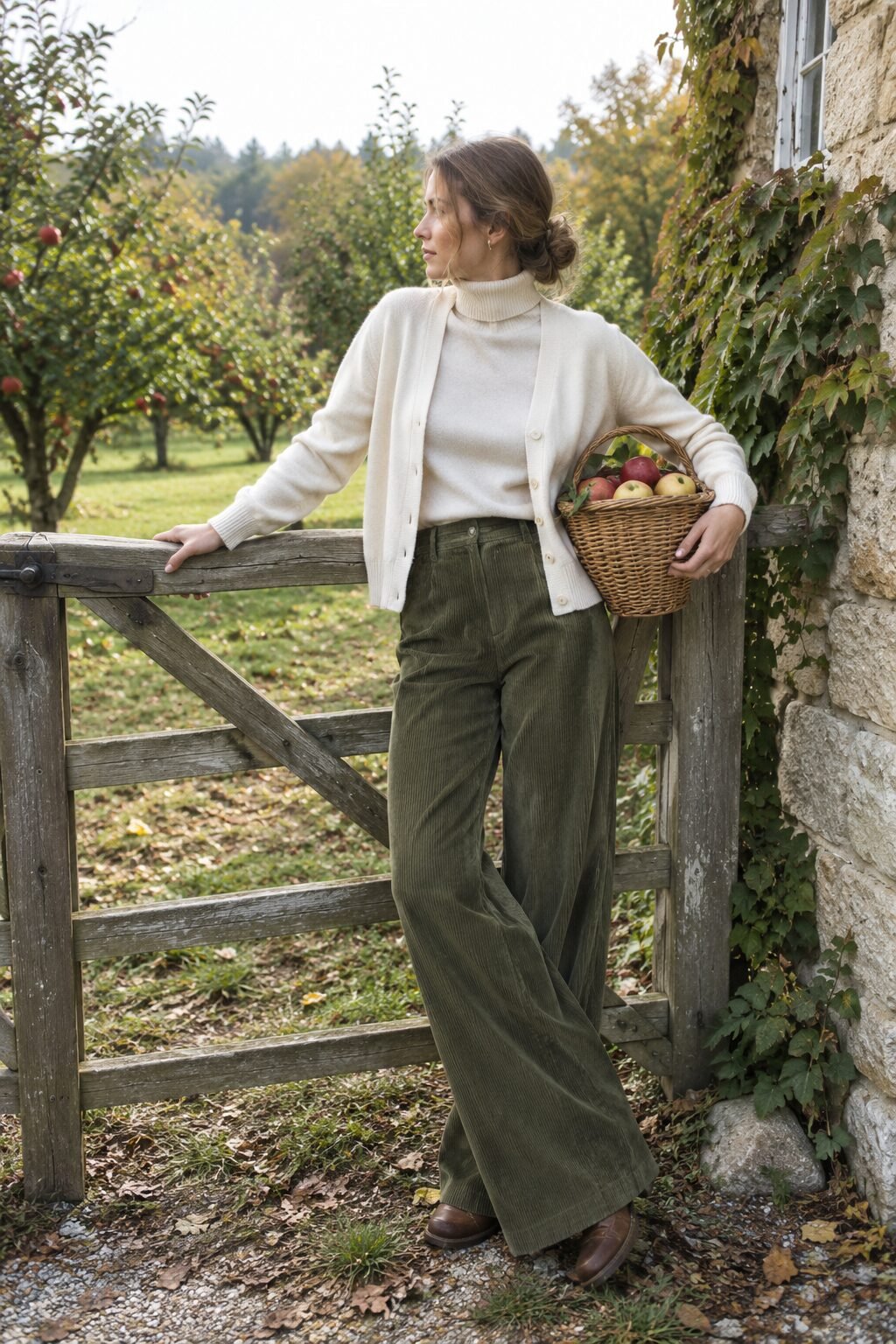 fall brunch outfit: olive corduroy trousers layered with an ivory cashmere turtleneck and structured cardigan