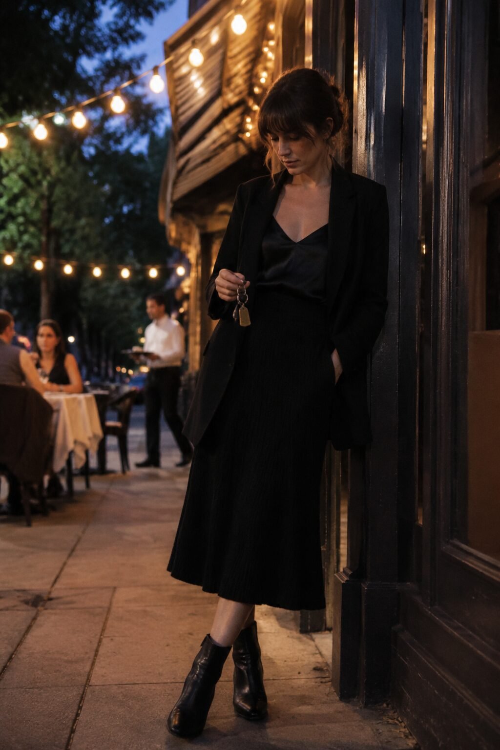 day to night outfit from a black capsule wardrobe: silk top, wool blazer, knitted midi skirt, ankle boots
